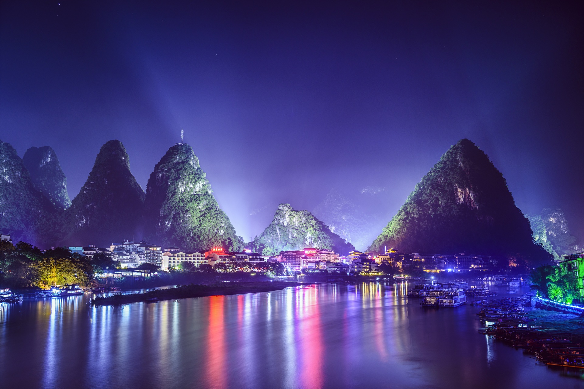 Yangshou Karst Mountain scenery illuminated at night