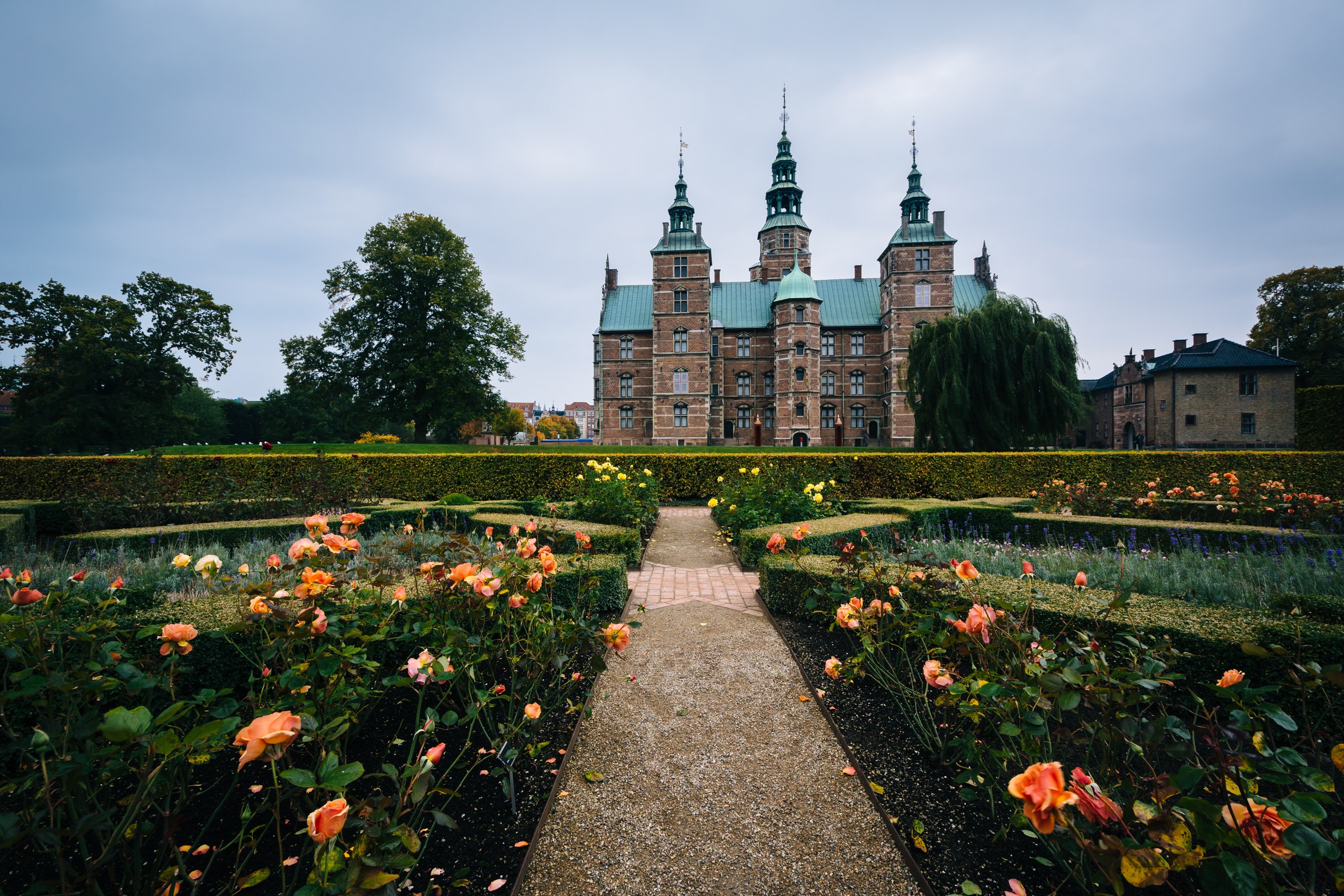 A red brick Renaissance castle with green copper spires beyond rose beds and hedges, grey sky