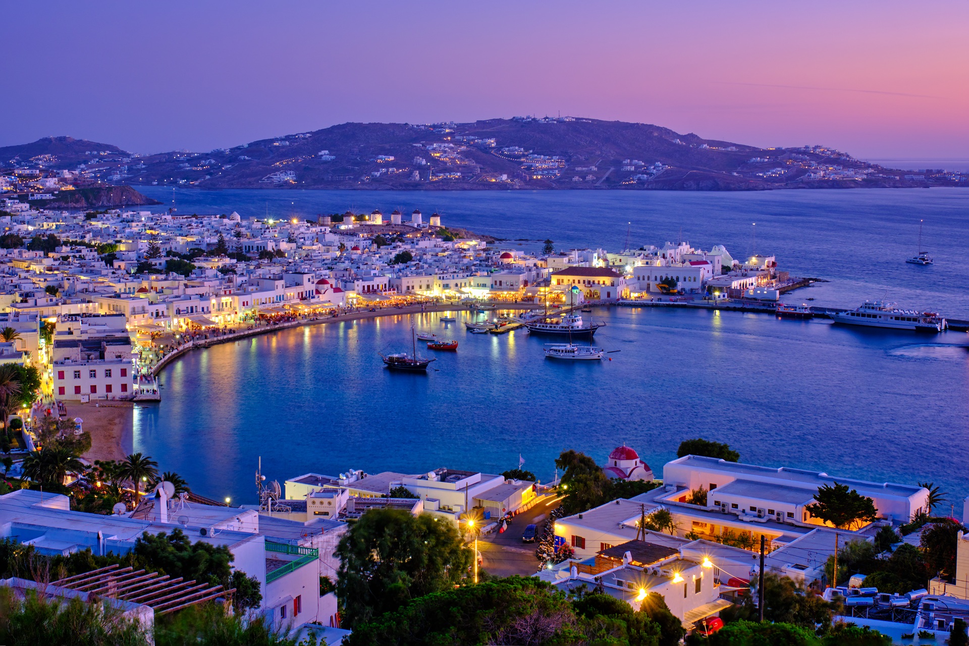 Mykonos Town Port at sunset