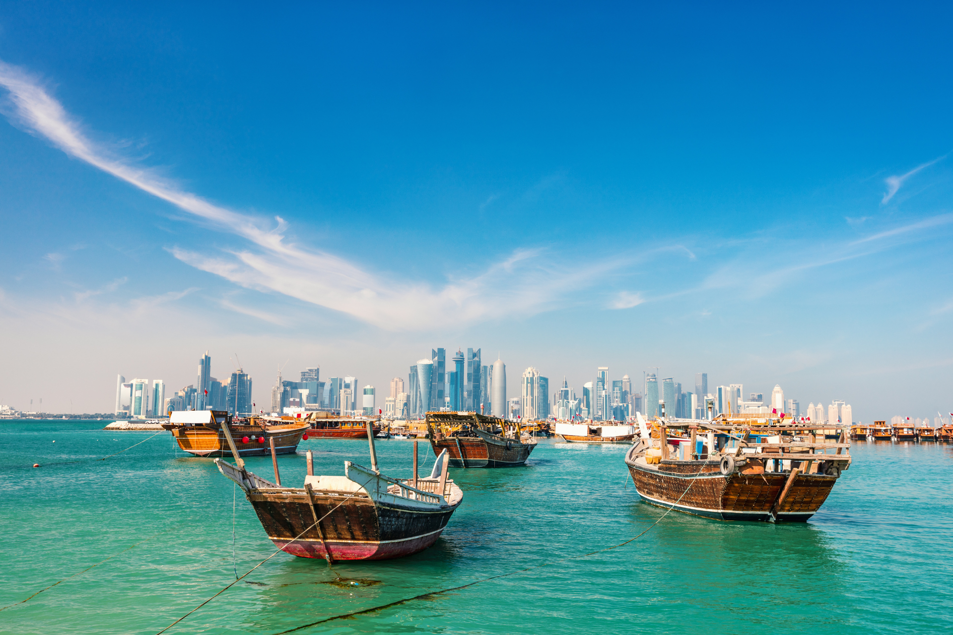 Doha City with boats in the sea