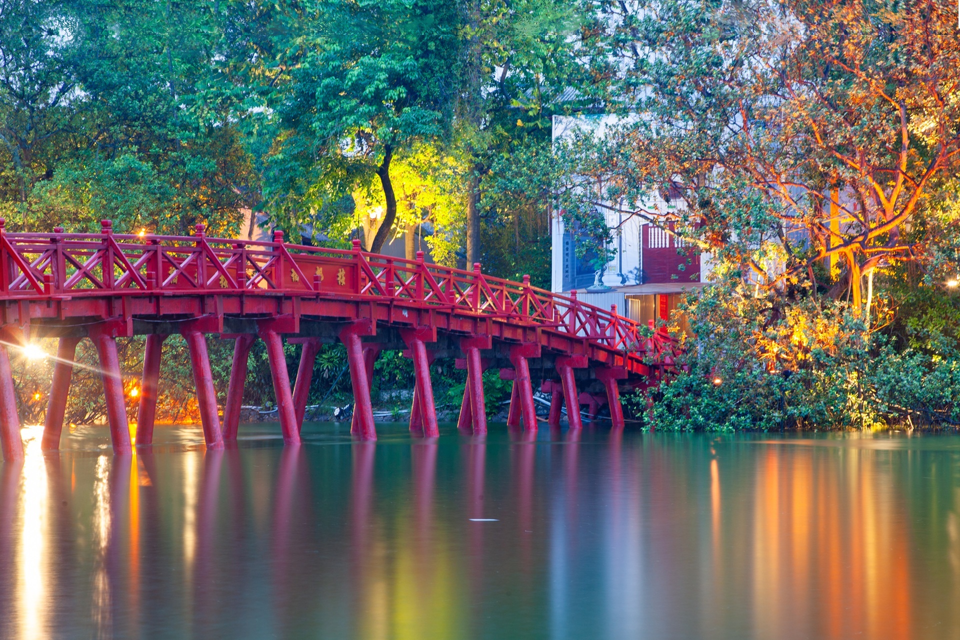 Iconic red bridge in Hanoi old quarter