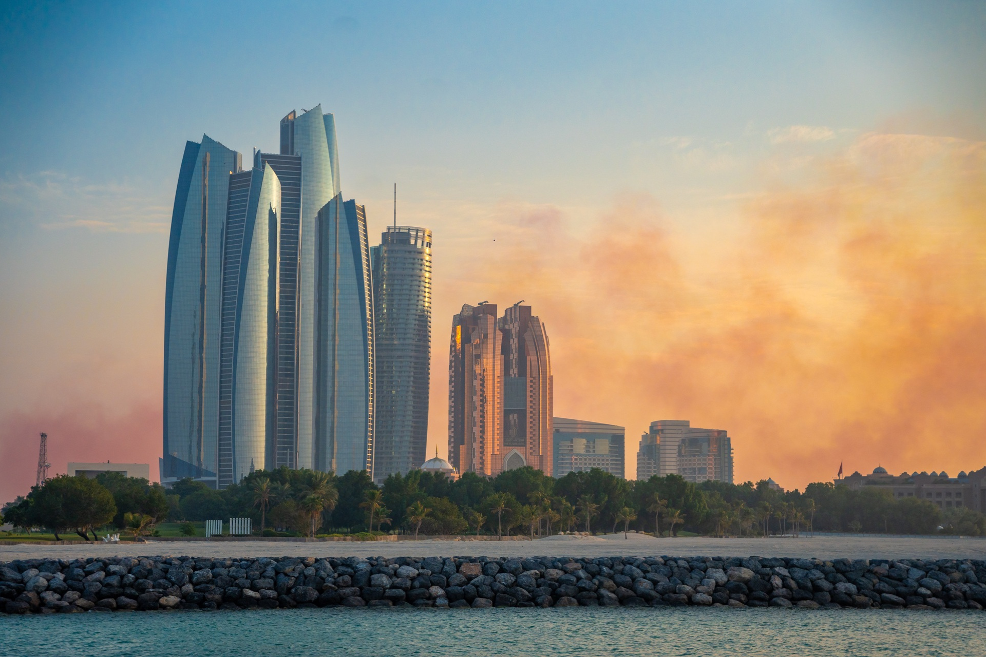 Abu Dhabi skyline at sunset