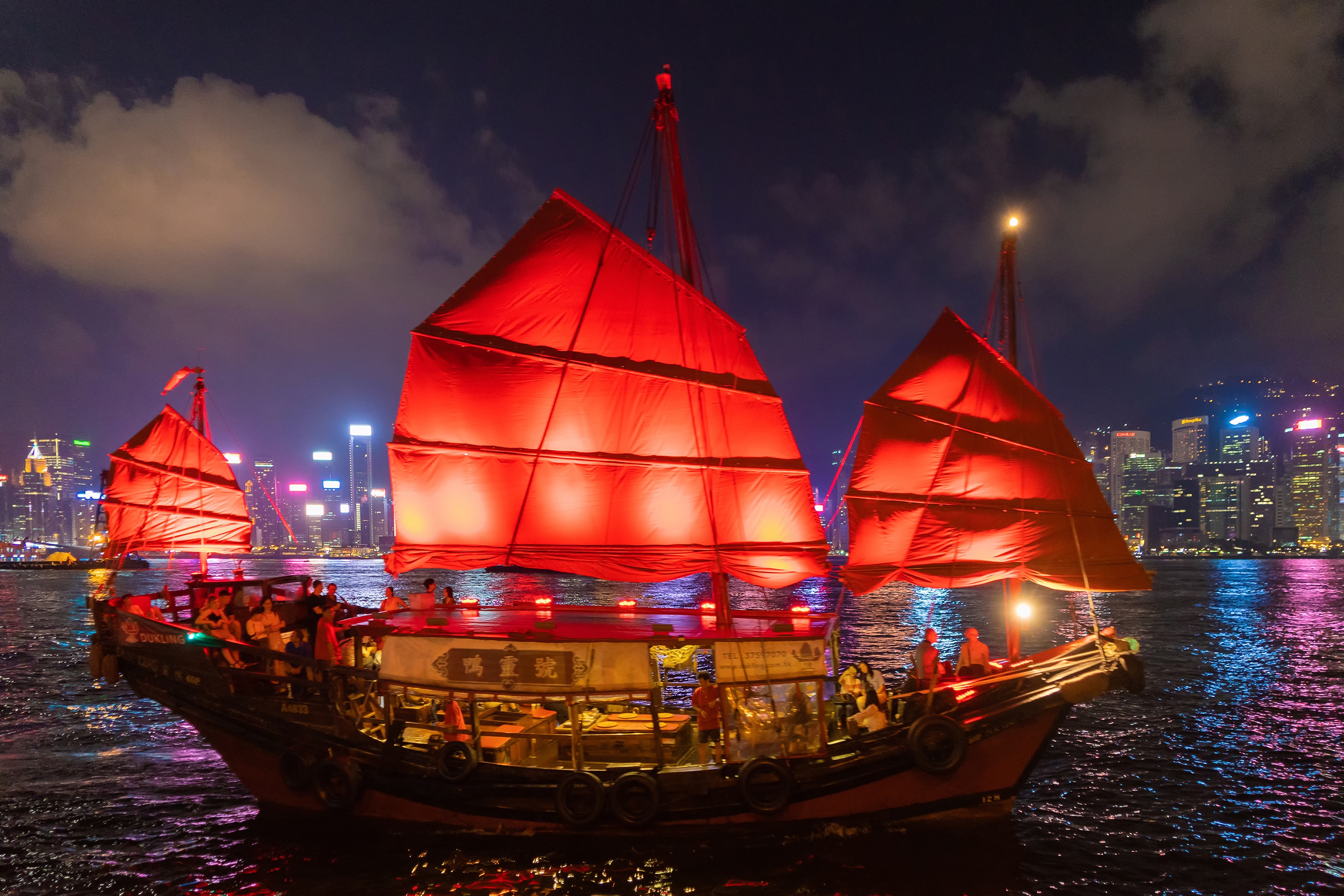 Chinese Junk  at Night in Hong Kong
