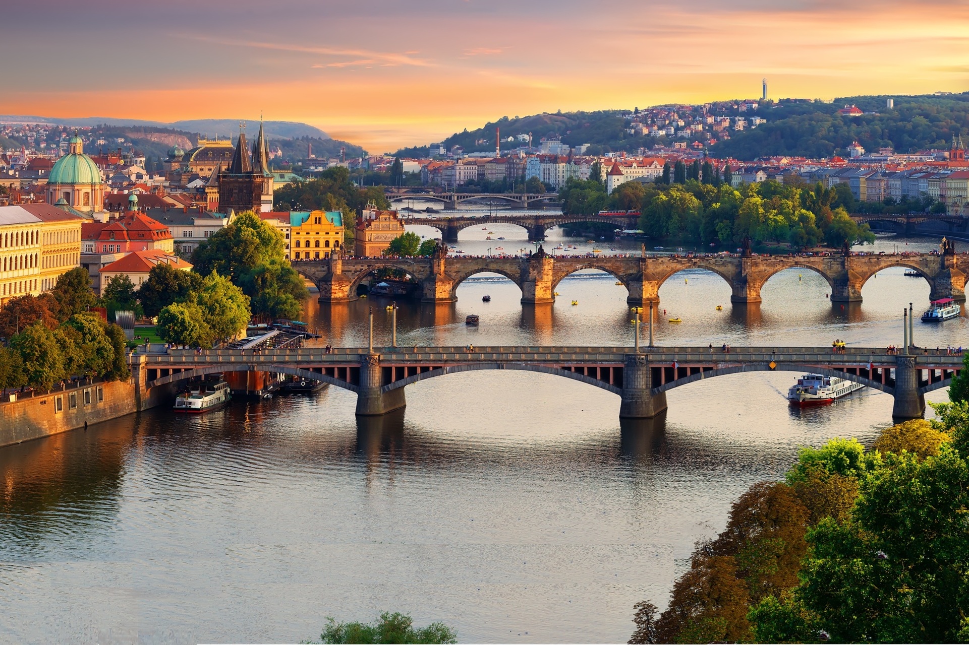 Prague Skyline and river at sunset