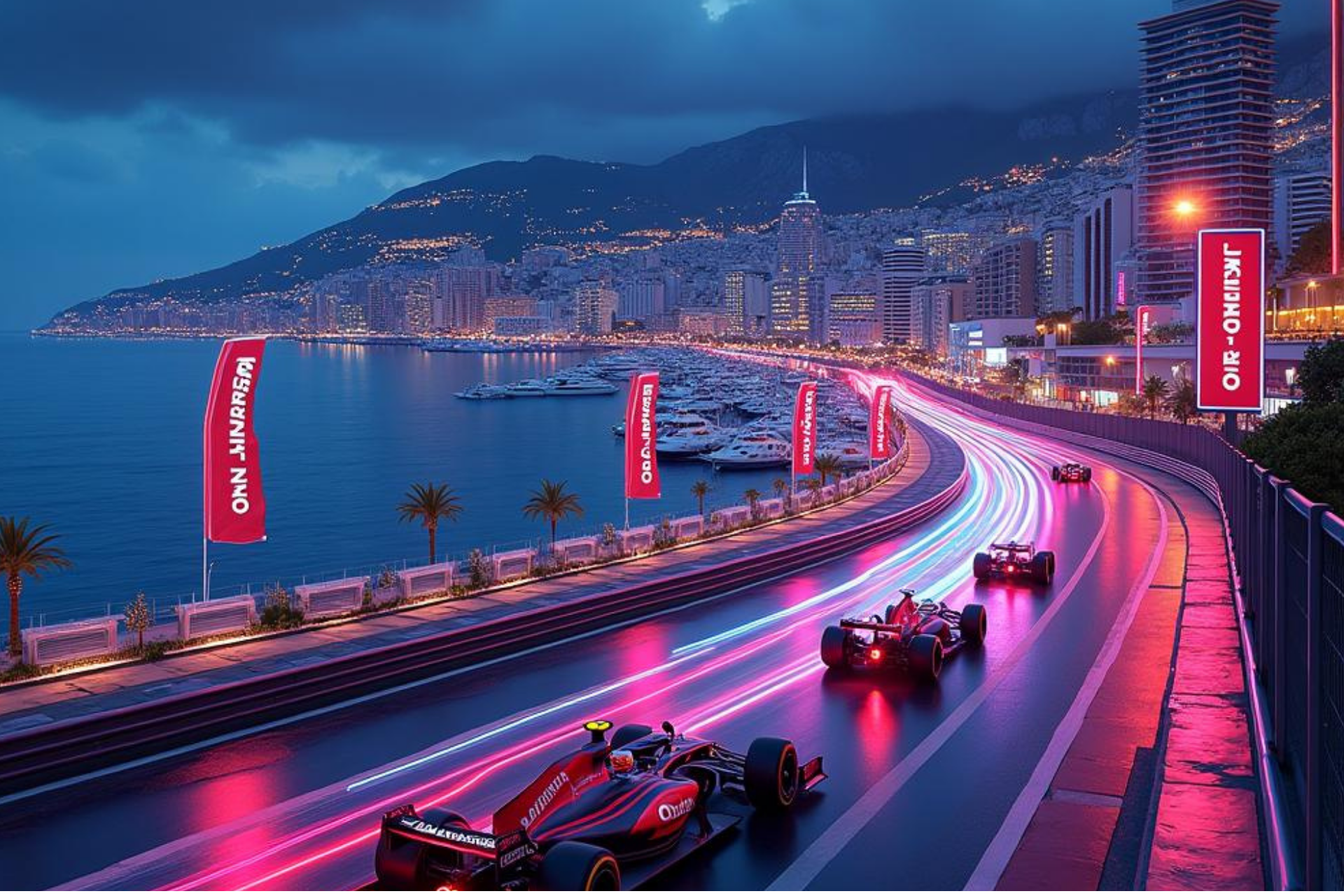 An image of the seafront in Monaco with cars racing