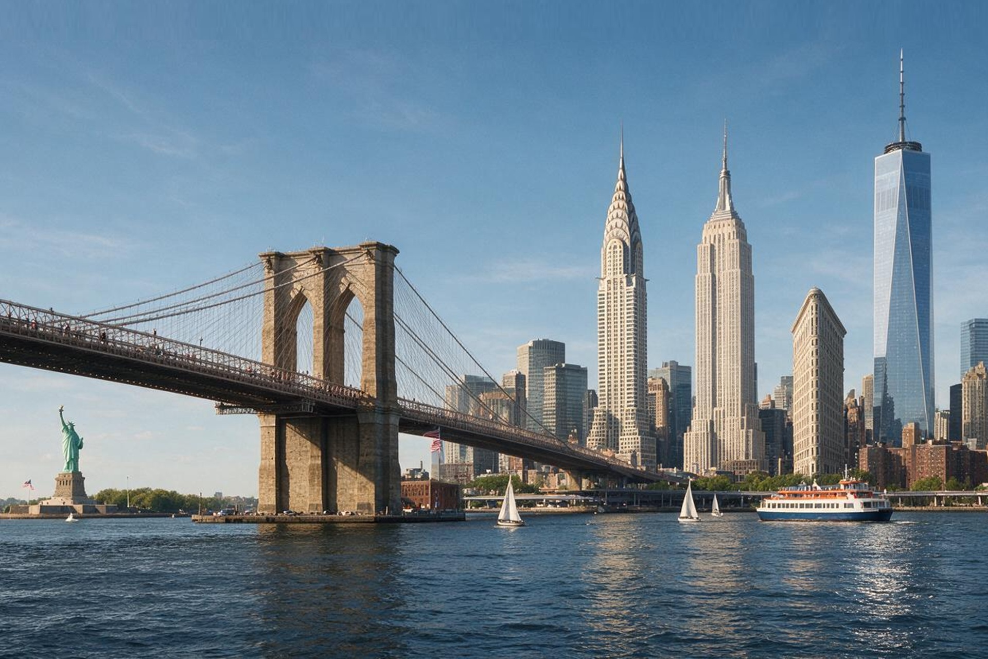 Manhattan skyline behind the Brooklyn Bridge