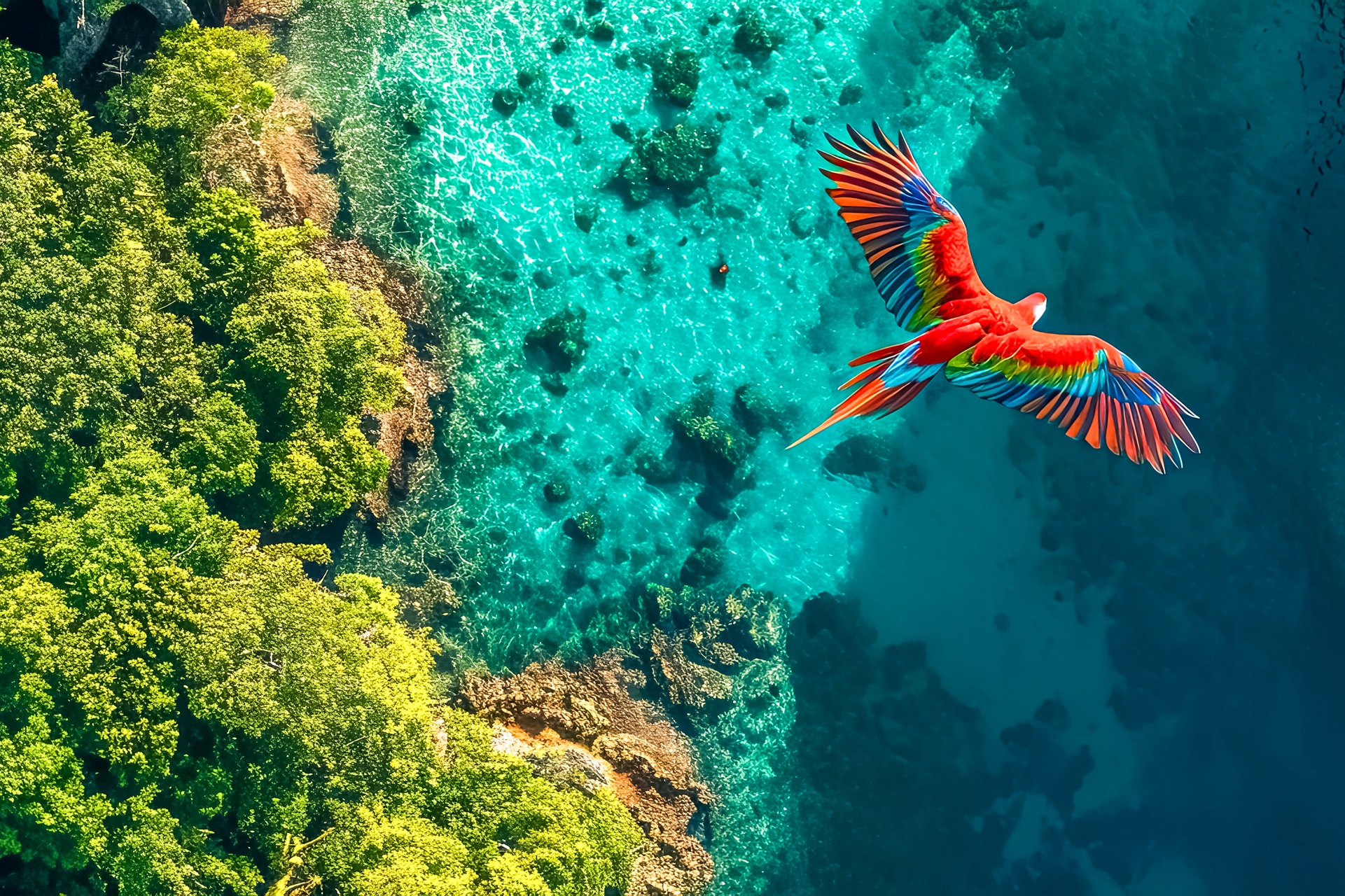 Parrot flying over the jungle