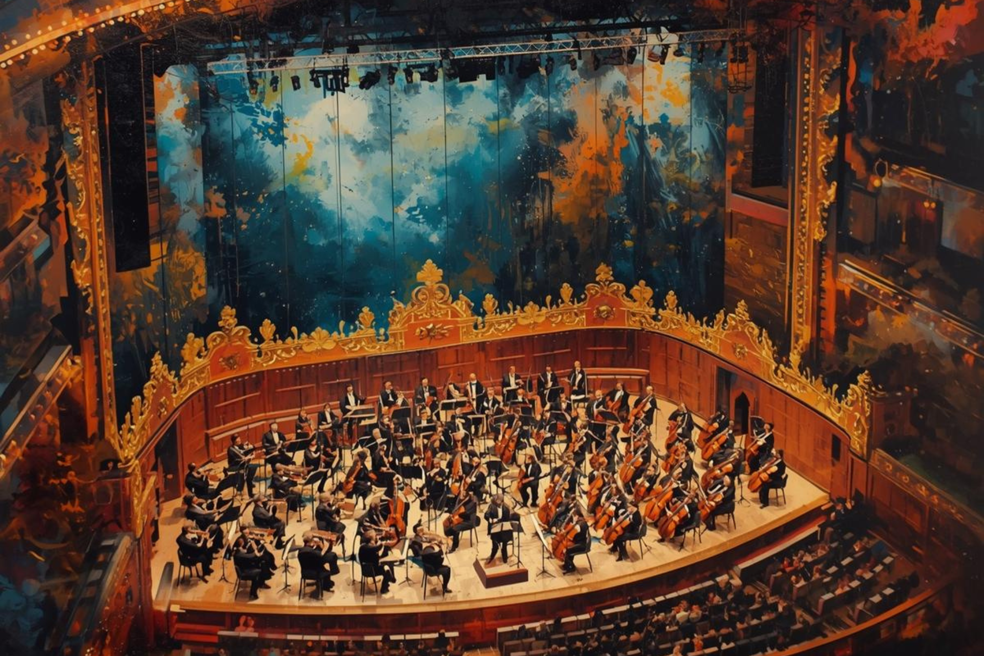 An orchestra in a retro art image