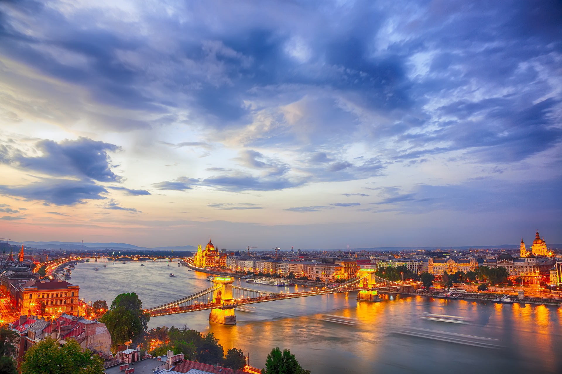View of the Budapest skyline at sunset