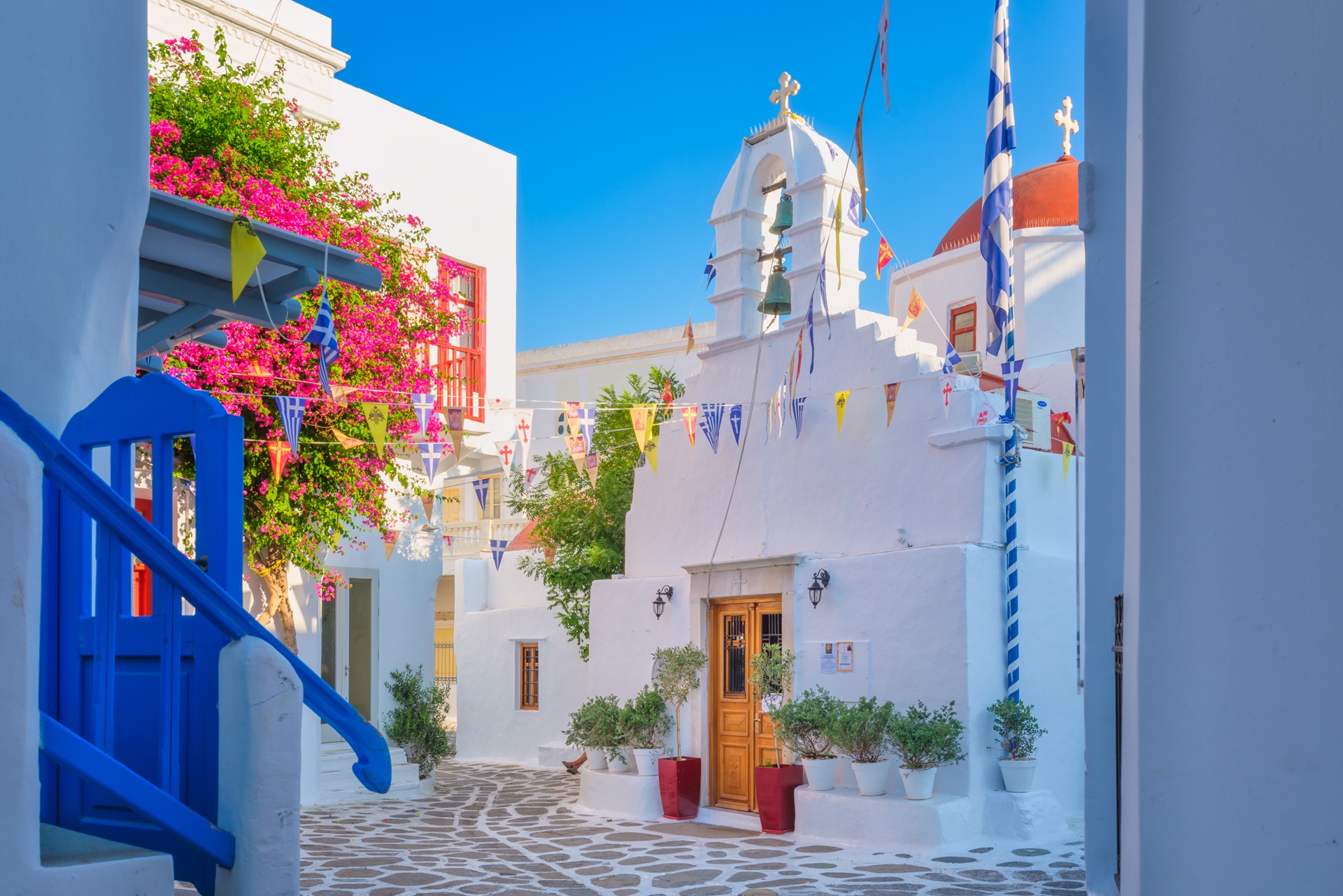 Mykonos white washed buildings cobbled lane and red Bougainvillea