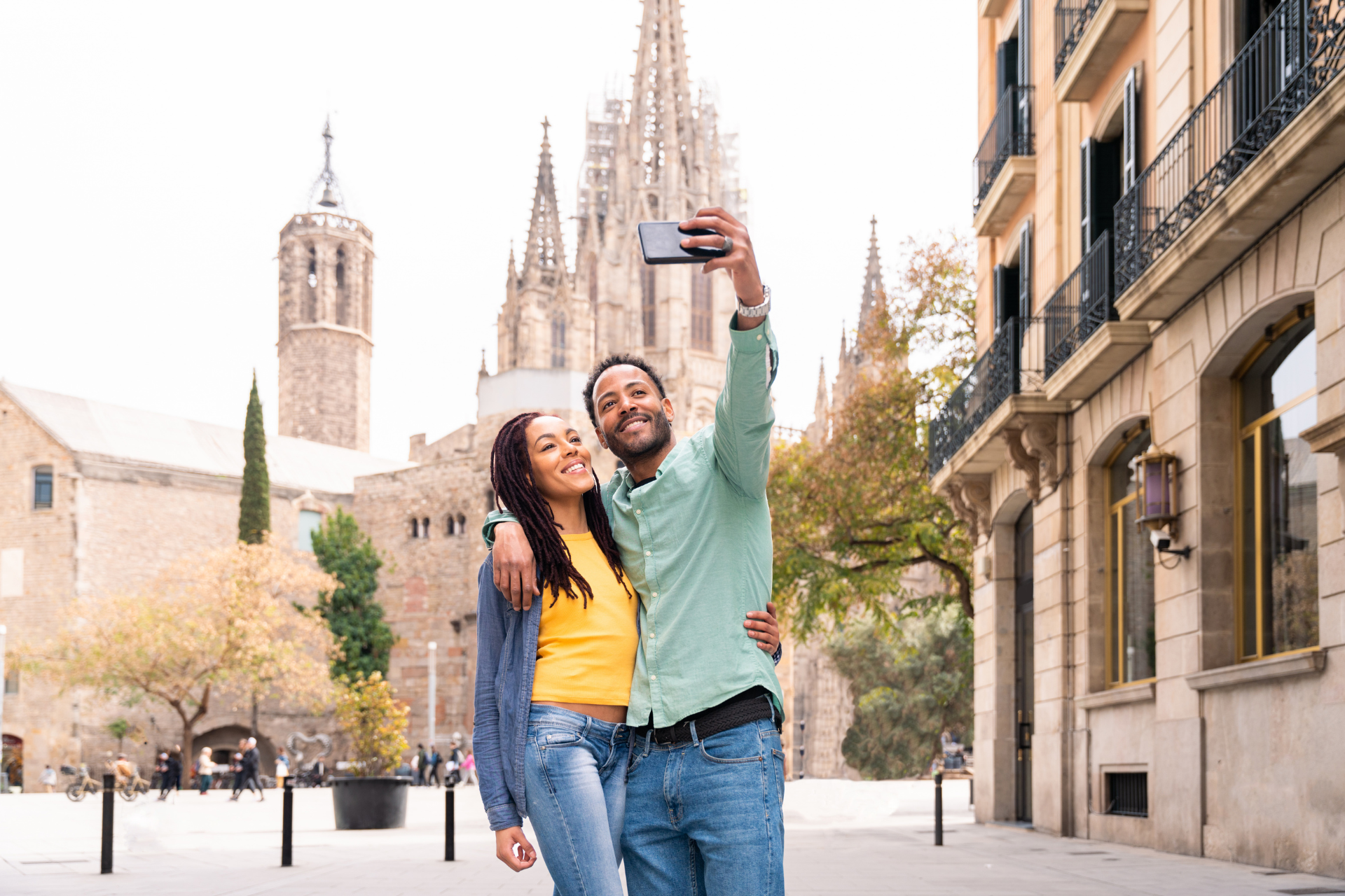 Tourists posing for a selfie in Barcelona